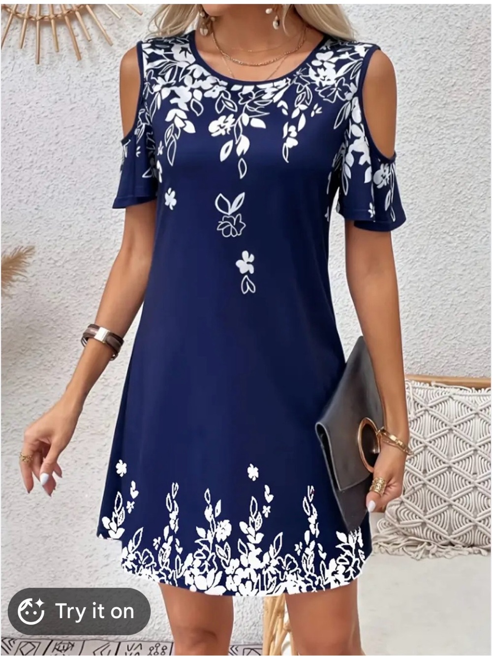 Cute Navy & White Floral Cold-Shoulder Mini Dress